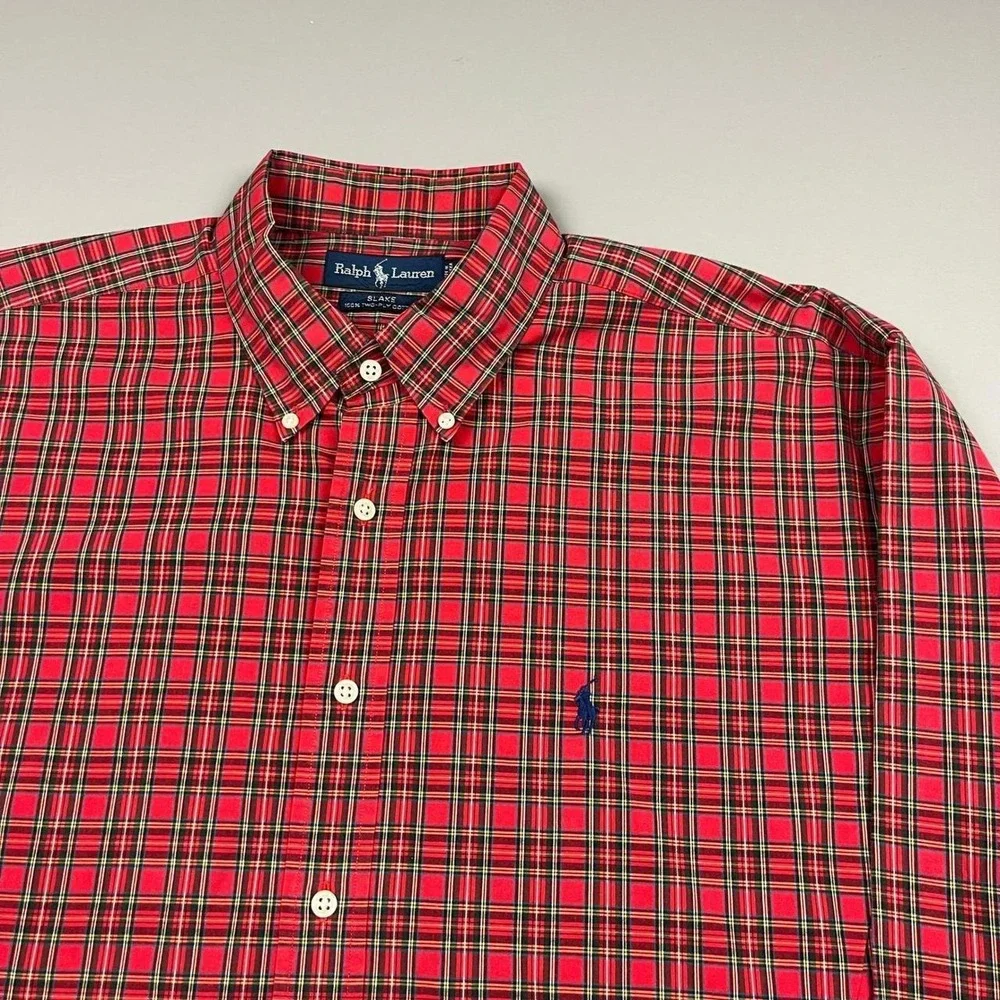 Ralph Lauren Button Down Shirt Mens XL Red Plaid Blake 100% Cotton Long Sleeve